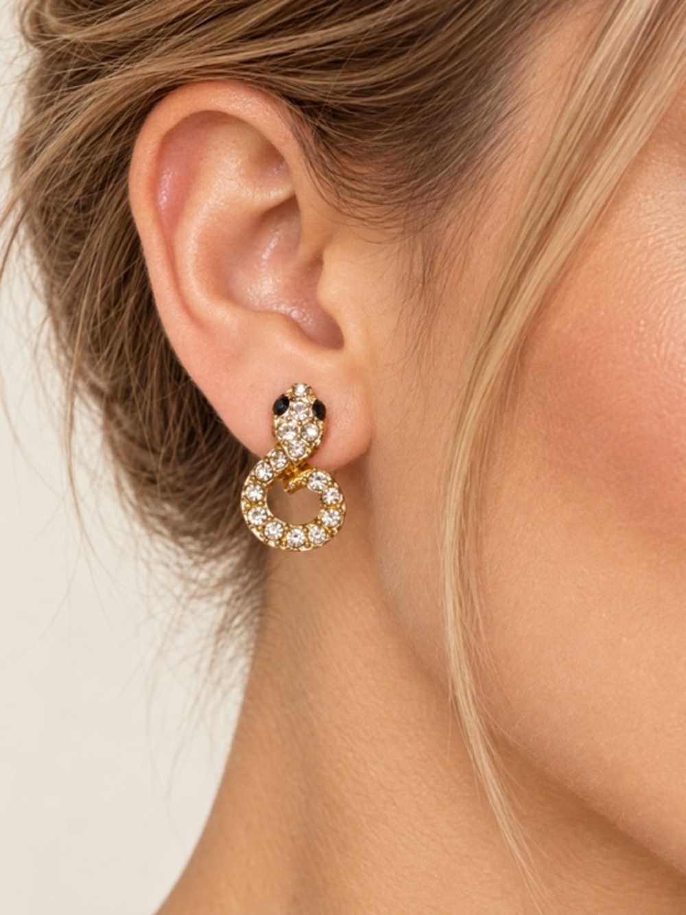 Y2K Rhinestone Snake Stud Earrings Gold Tone Crystal Serpent Glam